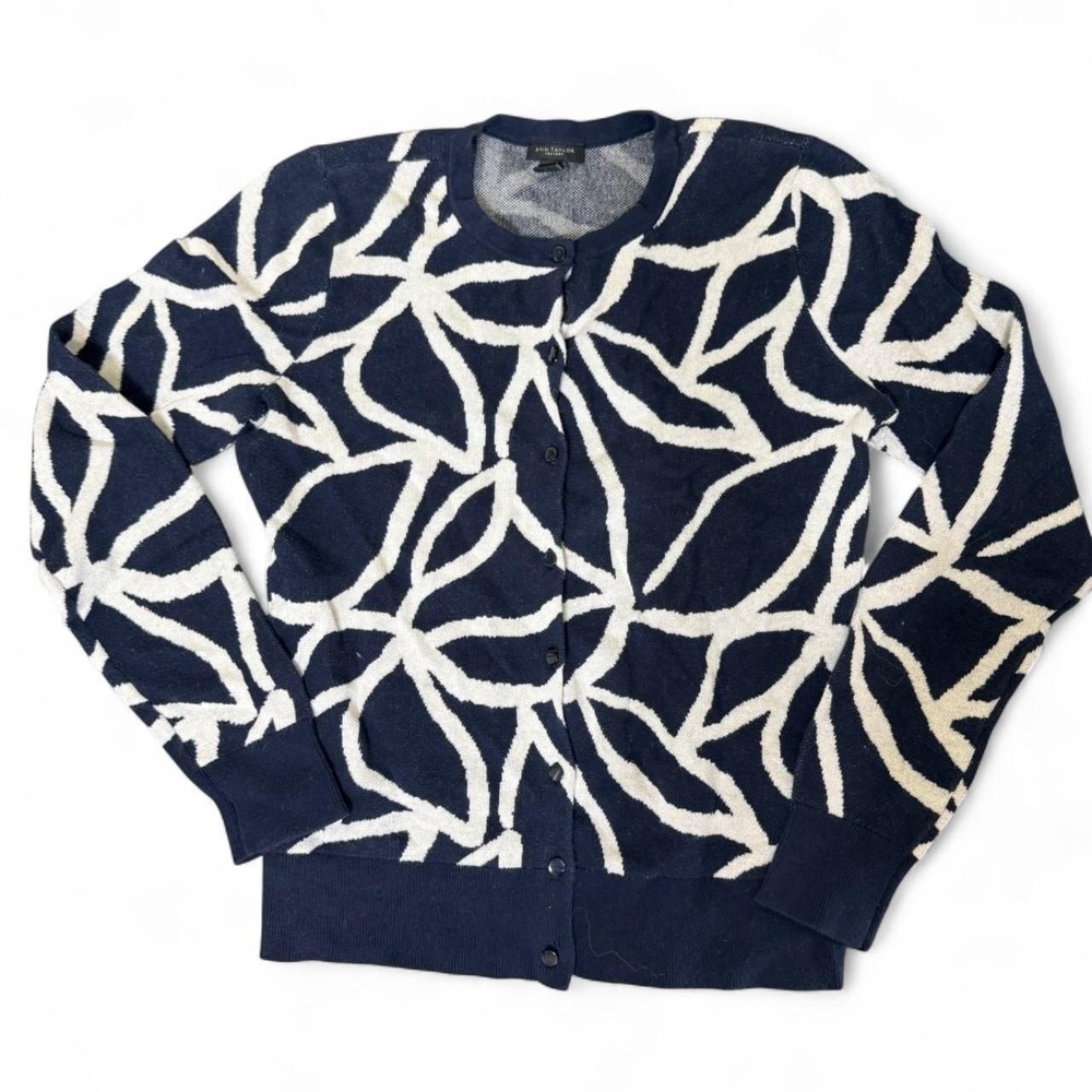 Ann Taylor Navy Blue Cardigan‎ with White Floral Pattern, Size XS - Pre-Owned